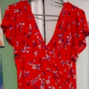 Size XL WRAP MIDI DRESS SHORT-SLEEVED ORANGE WITH FLORAL DESIGN